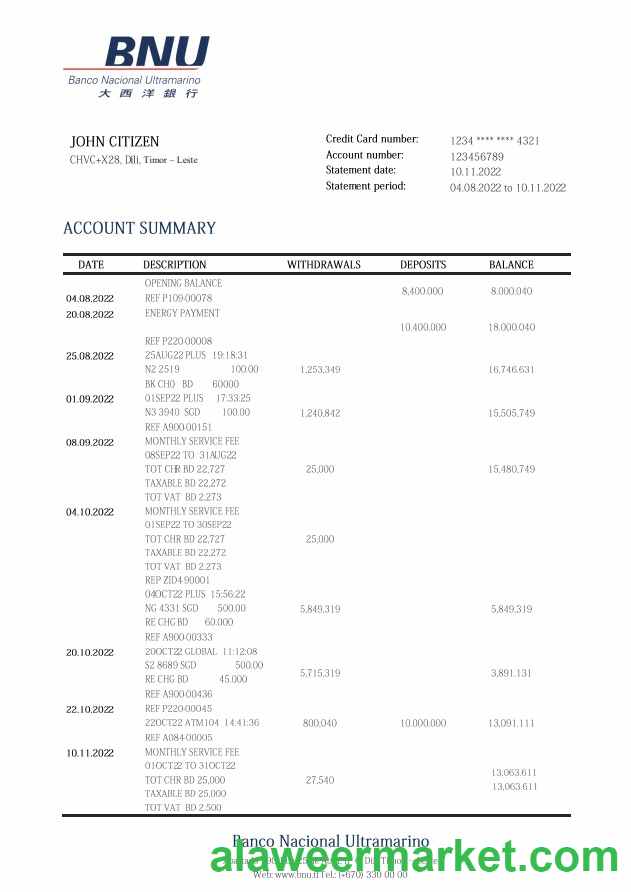 Timor-Leste BNU bank statement